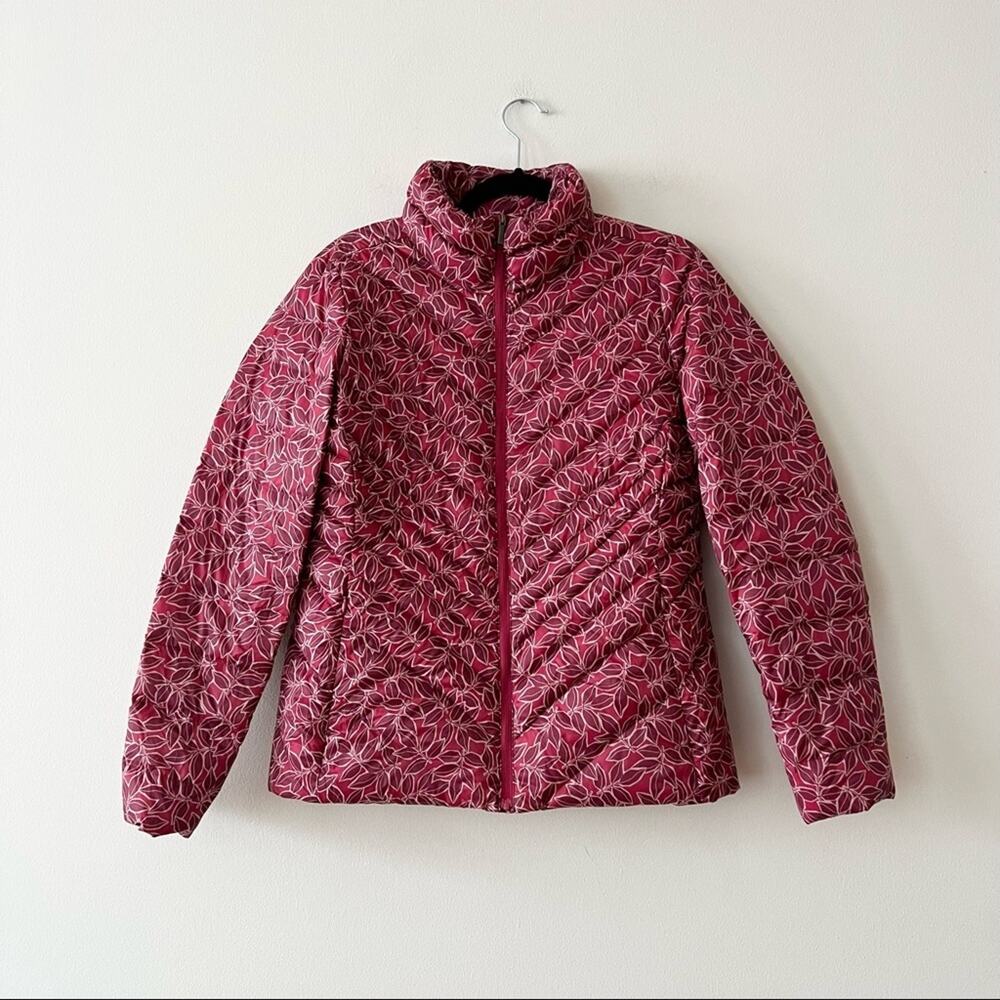 LL Bean Red Leaf Print Down Quilted Puffer Jacket